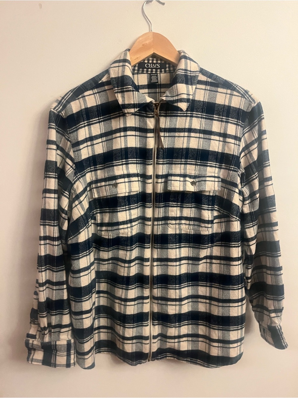 Chaps Women's Plaid Zip Front Shirt Jacket Blue Cream Cotton Flannel Size 1X